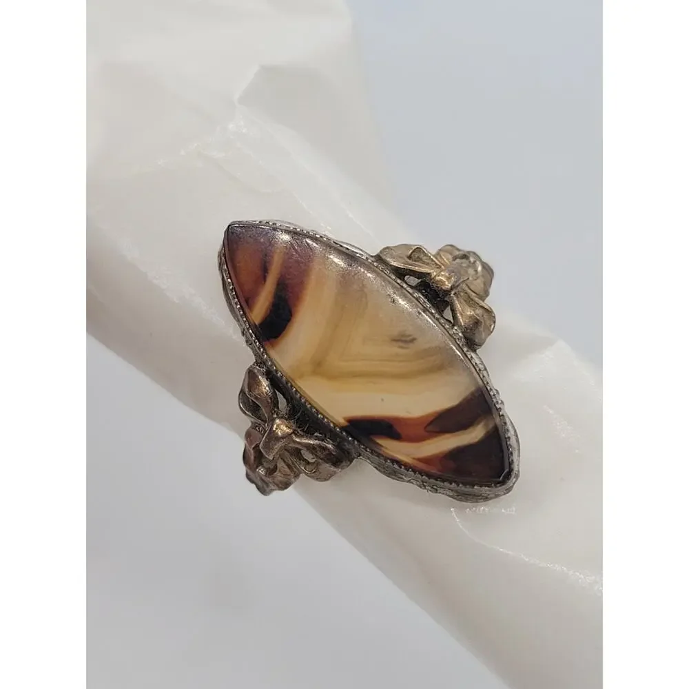 Vintage Banded Agate Ring 10K Gold Sterling Silver Marquise Statement